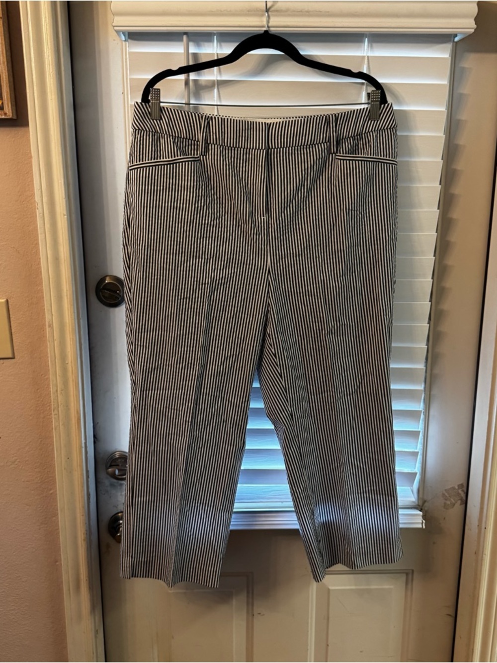 Lane Bryant Blue and White Pinstriped Capris